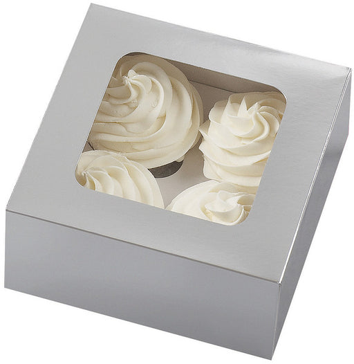 Cupcake Box 4 Cavity 3/Pkg-Silver 6.25"x6.25"x3"