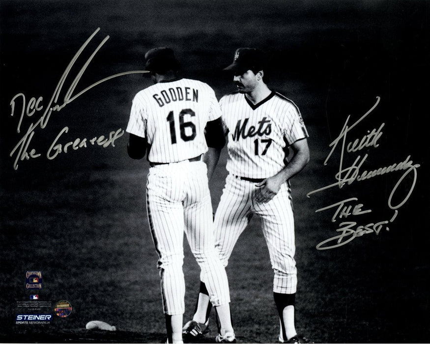 Keith Hernandez Dwight Doc Gooden Dual Signed Meet At The Mound BW 8x10 Photo w/ The Best Insc by Hernandez The Greatest Insc by Gooden