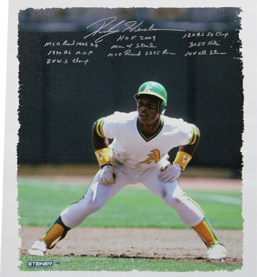 Rickey Henderson Signed MLB 22x26 Canvas w/ "HOF 2009  Man of Steal  1990 AL MVP  2x WS Champ  10x AS  3 055 Hits  MLB Record 1 406 SB  MLB Record 2 295 Runs  12x AL SB Champ” Insc.