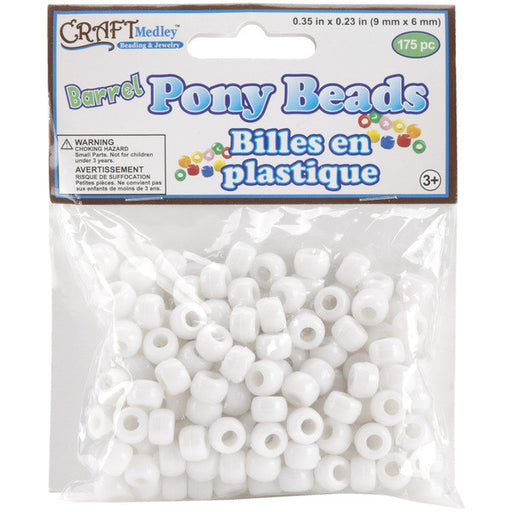 Barrel Pony Beads 9mmx6mm 175/Pkg-White