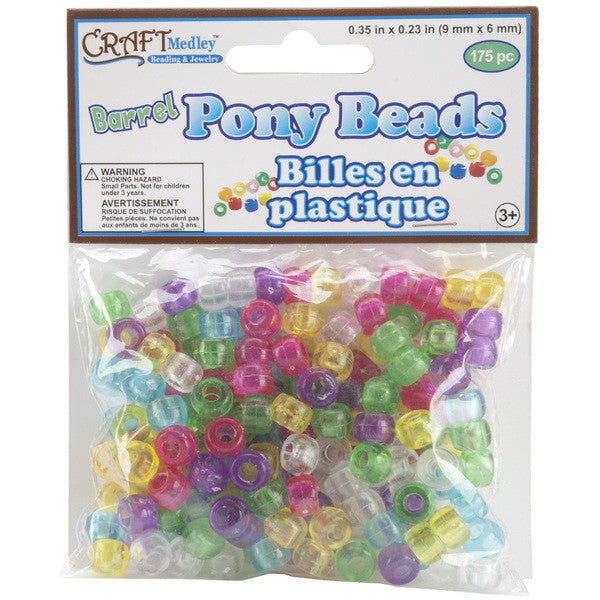 Barrel Pony Beads 9mmx6mm- Transparent Multi-Mix