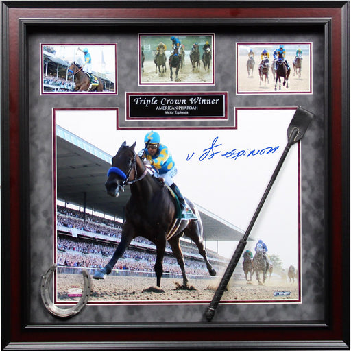 Victor Espinoza Signed American Pharoah Triple Crown Winner 24x24 Framed Collage w/ Whip & Shoe (4 Photos  1 Signed) (24x24 97WM)