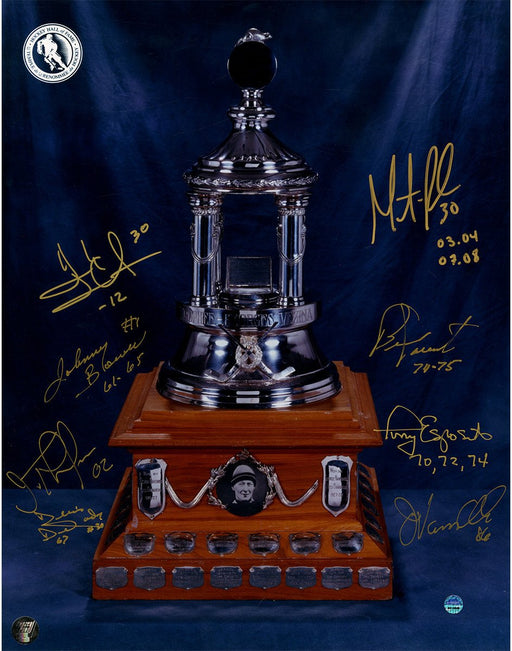 Vezina Trophy Winners Signed 11x14 Photo (8 Signatures & Insc- Bower  Dejordy  T. Esposito  Parent  Theodore  Vanbiesbrouck  Lundqvist & Brodeur) (Frozen Pond & SSM)