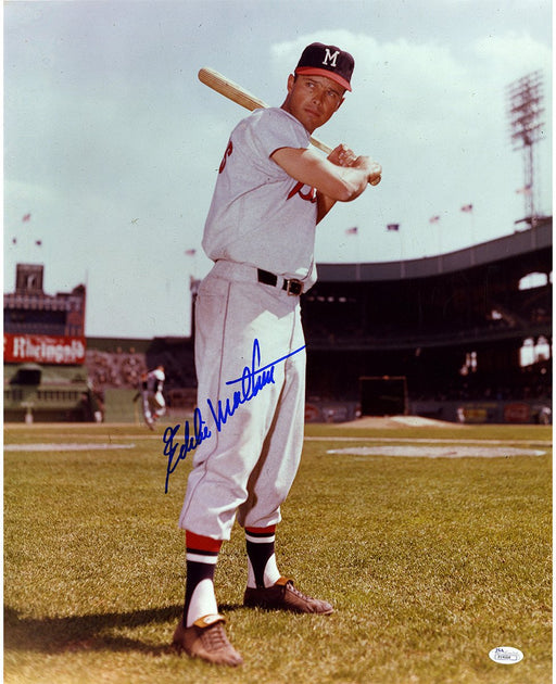 Eddie Mathews Signed Verical Standing with Bat 16x20 Photo (JSA)