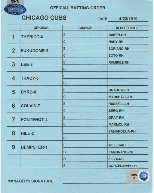 Chicago Cubs at Milwaukee Brewers 4-23-2010 Blue Game Used Line-up Card  (LH692412)