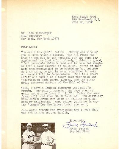 Frank Frisch 1972 Signed HOF Letter #130