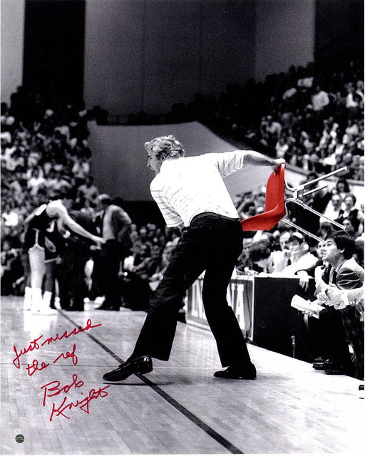 Bob Knight Signed Throwing Red Chair BW 16x20 Photo w/ Just Missed the Ref Insc