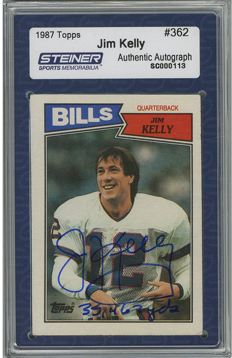 Jim Kelly Signed 1987 Topps Rookie Card w/ "35 467 Yds"Insc. (Slabbed by Steiner)
