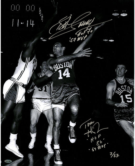 Bob Cousy and Tom Heinson Dual Signed 16x20 Photo w/ HOF  MVP Insc. by Cousy & HOF  ROY Insc. Tom"