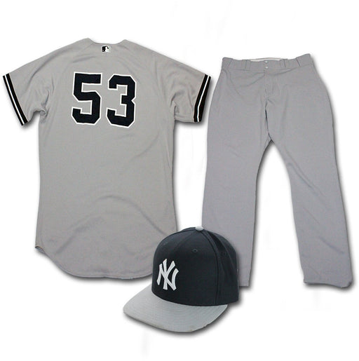 Austin Romine 2013 Team Issued Set - BP Hat Road Heavy Jacket Away BP Jersey Grey Jersey & Grey Pants