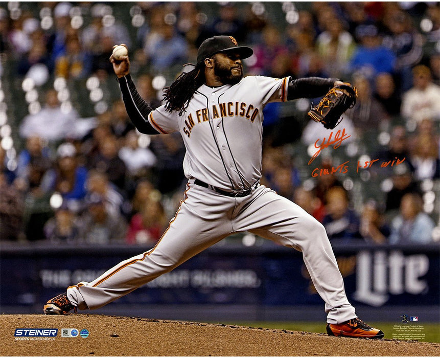 Johnny Cueto Signed San Francisco Giants Pitching 16x20 Photo w/ "Giants 1st Win" Insc (Signed in Orange)