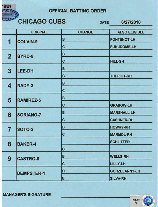 Chicago Cubs at Chicago White Sox 6-27-2010 Blue Game Used Line-up Card  (FJ096708)