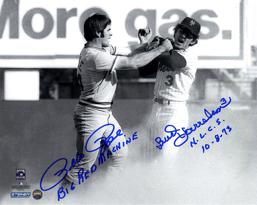 Pete Rose/Bud Harrelson Signed B/W Fighting With Pete Rose 8x10 Photo w/ "NLCS 10-8-73" Insc By Harrelson  "Big Red Machine" Insc. By Rose