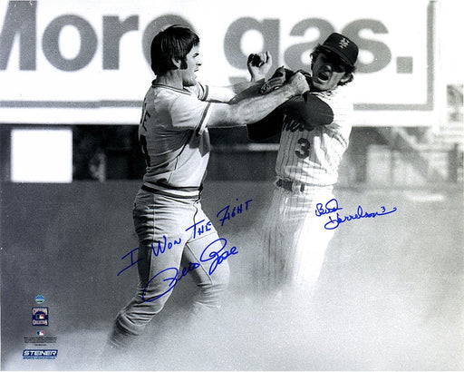 Pete Rose/Bud Harrelson Dual Signed B/W Fighting With Pete Rose 16x20 Photo w/ I Won The Fight Insc By Rose