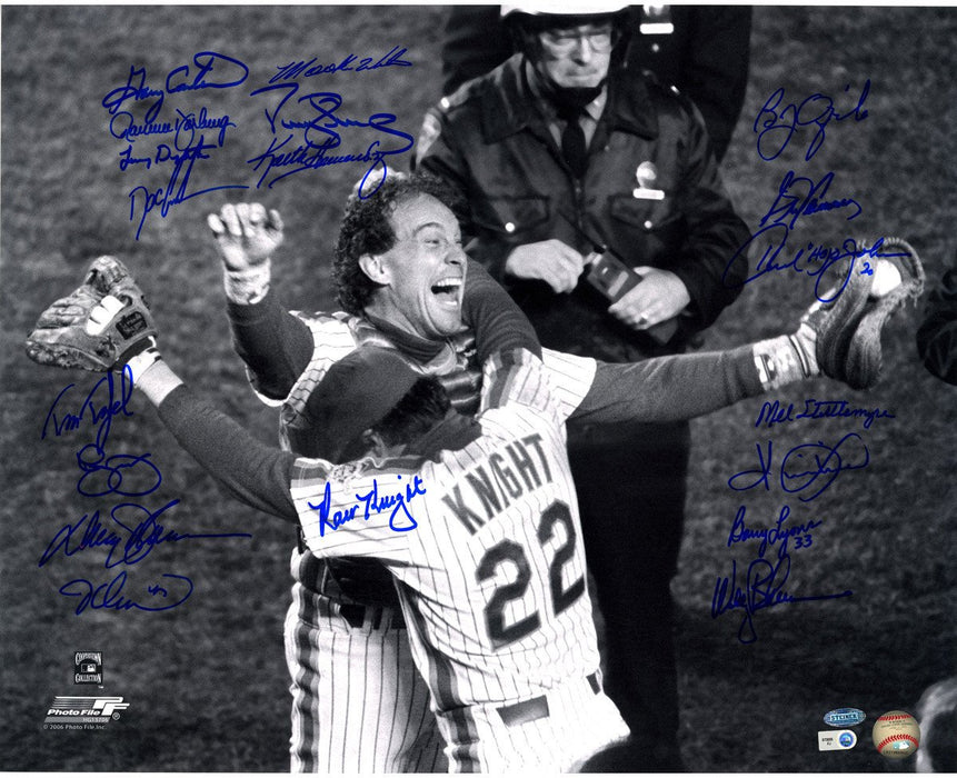 1986 Mets Multi Signed Knight Hugging Carter 16x20 19 Signature Photo (include Gary Carter Signature) (MLB Auth)