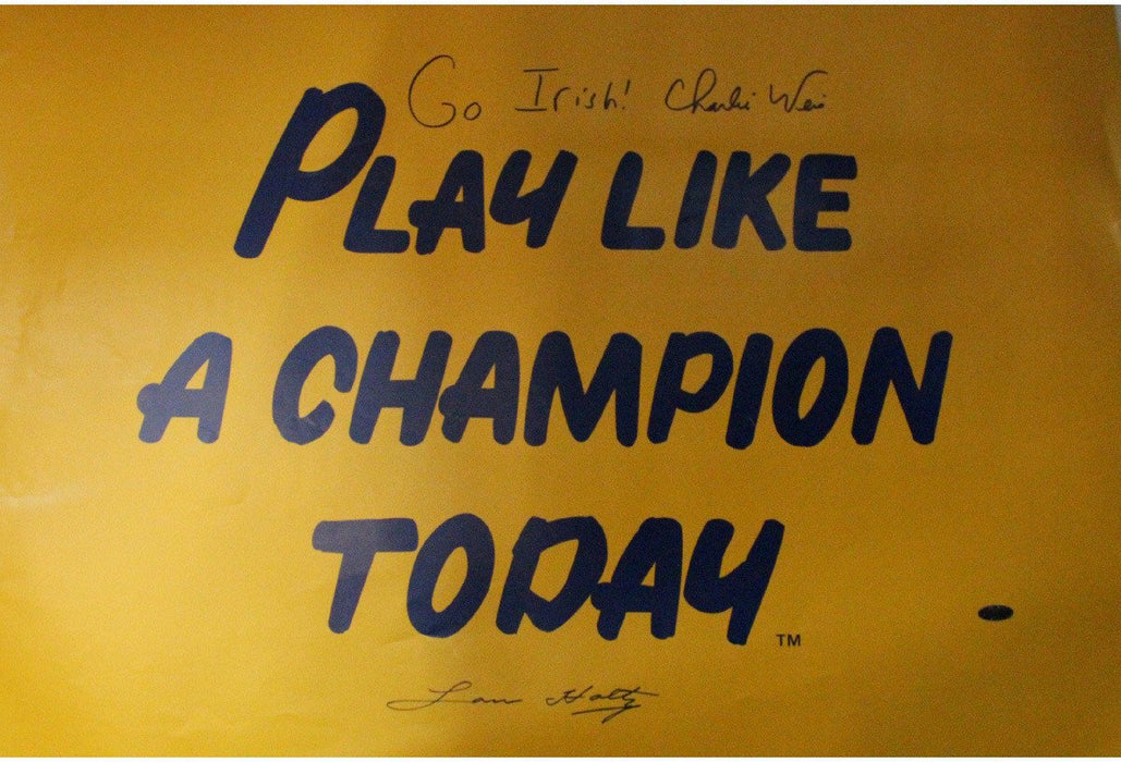 Lou Holtz / Charlie Weis 20x30 Play Like A Champion Poster w/ Go Irish Inscription by Weis