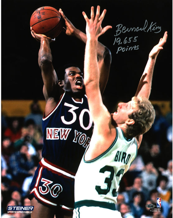 Bernard King Signed vs. Larry Bird 16x20 Photo w/ 19 655 Pts Insc