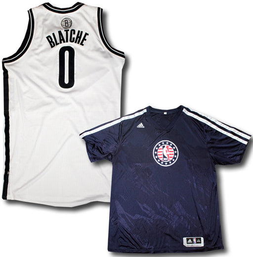 Andray Blatche Jersey Set - Brooklyn Nets 2013-2014 Season Game Used #1 White and Black Jersey and Blue Veterans Day Short Sleeve Warmup Shirt Set