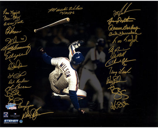 1986 New York Mets Team Signed Mookie Wilson Avoiding Being Hit By Pitch Game 6 1986 World Series 16x20 Metallic Photo (28 Signatures)