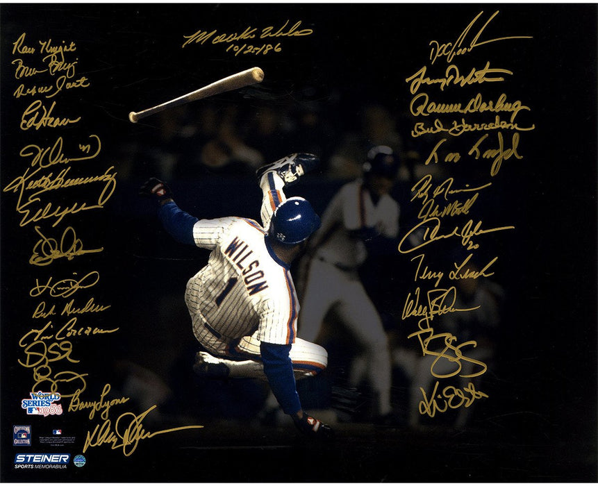 1986 New York Mets Team Signed Mookie Wilson Avoiding Being Hit By Pitch Game 6 1986 World Series 16x20 Metallic Photo (28 Signatures)