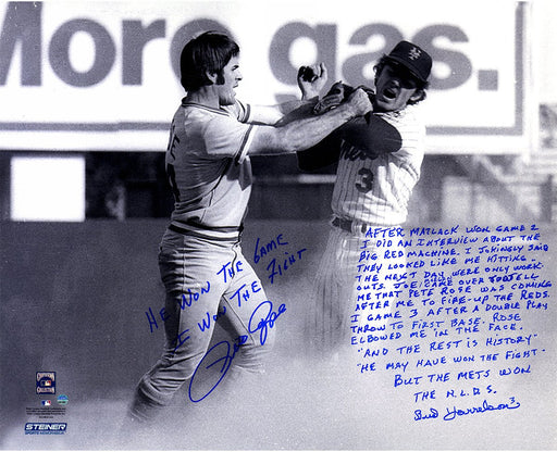 Pete Rose/Bud Harrelson Dual Signed Fighting w/ Pete Rose B/W 16x20 Story Photo w/ "He Won The Game  I Won The Fight" Insc. By Rose