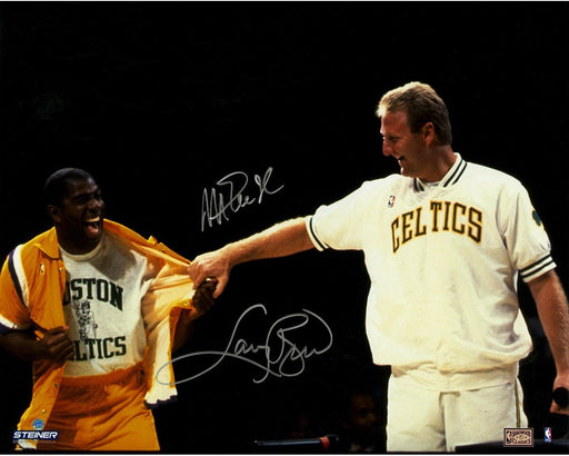 Magic Johnson/Larry Bird Dual Signed Pulling Warm Up at Retirement Night 16x20 Photo