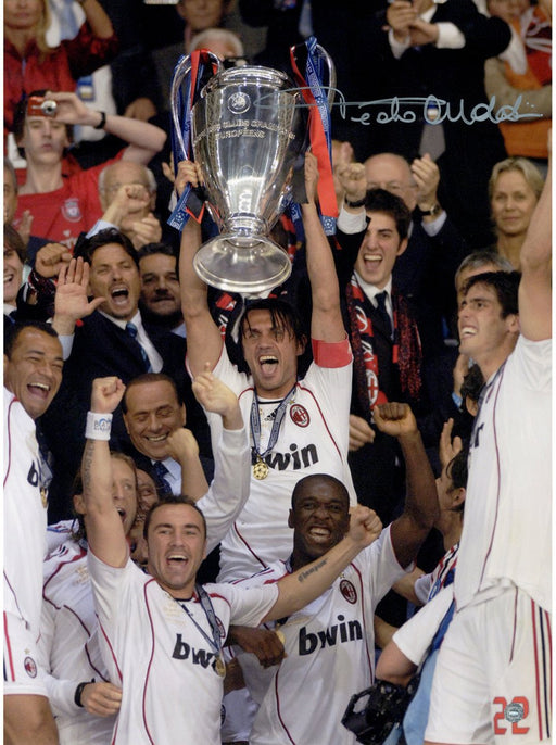 Paolo Maldini Signed AC Milan Team  12x16 Photo: Lifting the UEFA Champions League ( Icons Auth & Third Party Holo)