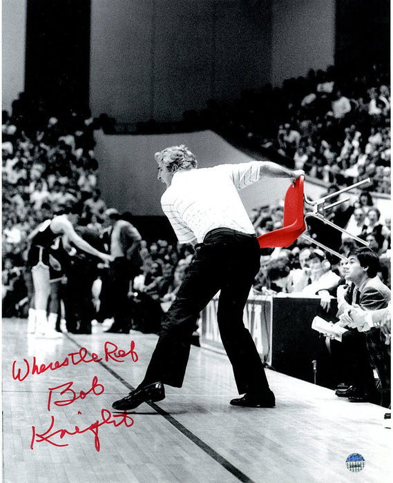 Bob Knight Signed Throwing Chair B&W w/ Red Chair 8x10 Photo w/ "Where’s The Ref" Insc.