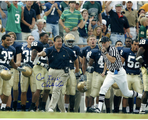 Charlie Weis Running Down Sidelines w/ " Go Irish" Insc. 16x20 Photo