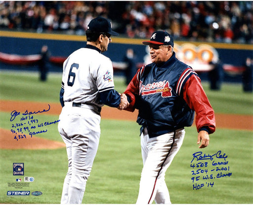 Bobby Cox/Joe Torre Dual Signed 16x20 Photo w/ "HOF 14  2504-2001  95 WS Champs  4508 Games" Insc. by Bobb Cox & "HOF 14  2326-1997  96  98  99  00 WS.C  4 329 Games" Insc. by Joe Torre (MLB Auth)