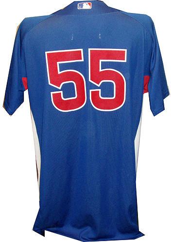 Koyie Hill #55 2010 Chicago Cubs Game Used Batting Practice Cool Base Blue Jersey (48)