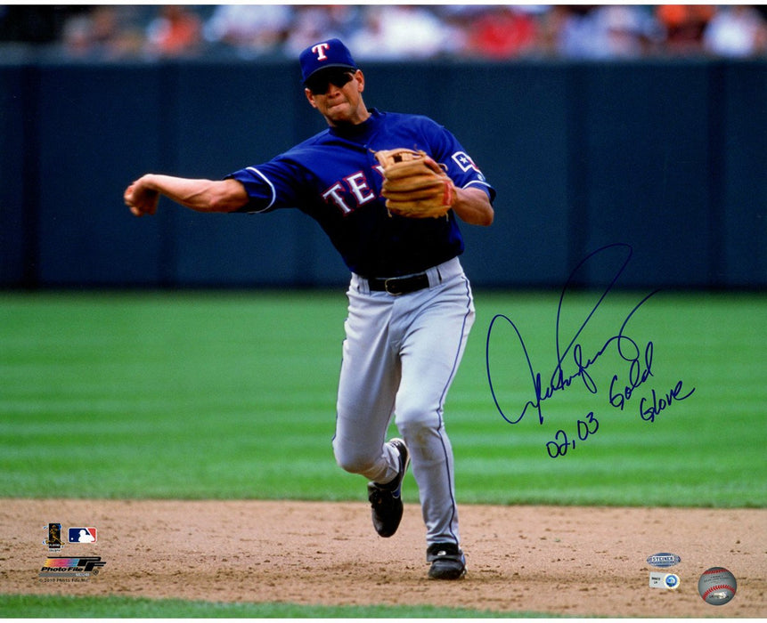 Alex Rodriguez Texas Rangers Road Jersey Fielding Horizontal 16x20 Photo w/ "02  03 Gold Glove" Insc. (MLB Auth)