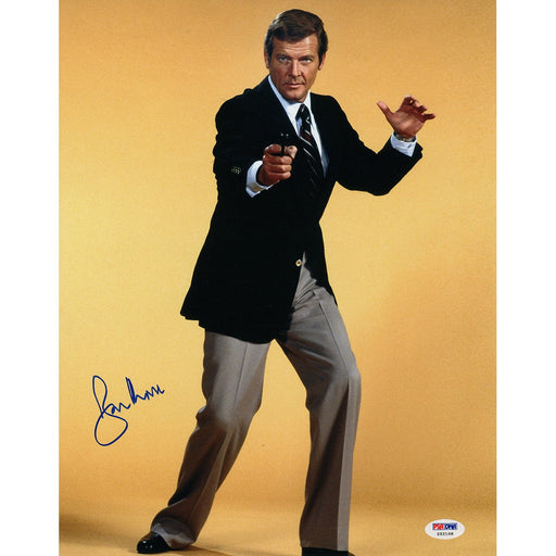 Roger Moore Signed James Bond Posing w Yellow Backround 11x14 Photo (PSADNA)