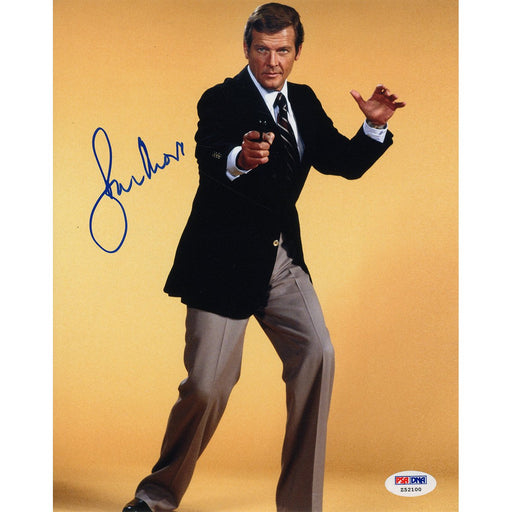 Roger Moore Signed James Bond Posing w Yellow Backround 8x10 Photo (PSADNA)