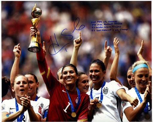 Hope Solo Signed Holding Trophy 16x20 Photo w/ "2015 USA World Cup Champions" & Other Insc. (LE/15)