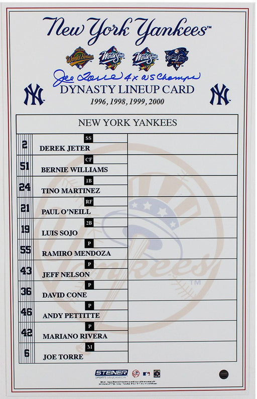 Joe Torre Signed New York Yankees Dynasty 4 World Series 10x16 Lineup Card Photo w/"4x WS Champs" Insc.