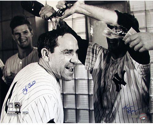 Yogi Berra Champagne Celebration B&W Horizontal 16x20 Photo (Signed by Regan) (MLB Auth)