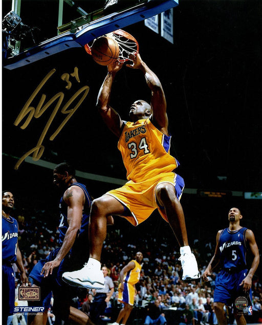 Shaquille ONeal Signed LA Lakers Yellow Jersey Two Handed Dunk 8x10 Photo Signed in Gold