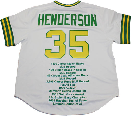 Rickey Henderson Signed White Throwback A’s Jersey w/ Embroidered Stats (Use in Frame Only)