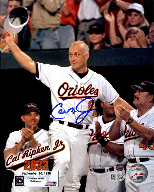 Cal Ripken Jr Signed 2632 Wave to Fans Vertical 8x10 Photo w/ Text Overlay Signed in Blue MLB Auth