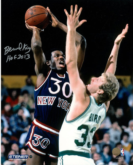 Bernard King Signed 16x20 Knicks Jumper over Bird w/ HOF Insc.