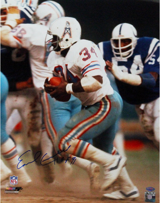 Earl Campbell Houston Oilers Running White Jersey 16x20 Photo w/ "HOF" Insc