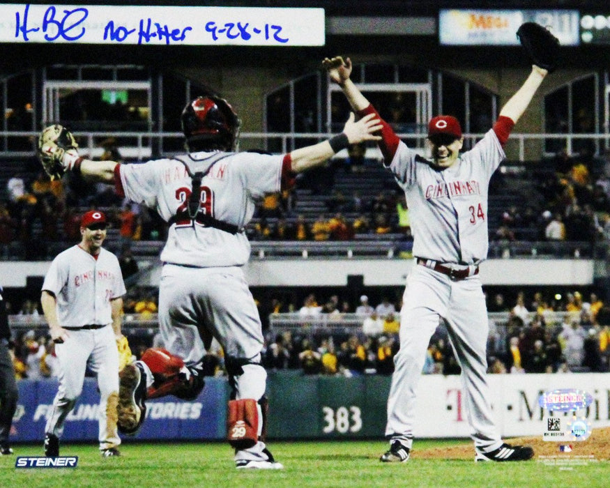 Homer Bailey Cincinnati Reds Celebrating No-hitter Against Pirates Signed Horizontal 8x10 Photo w/ No Hitter 9-28-12 Insc