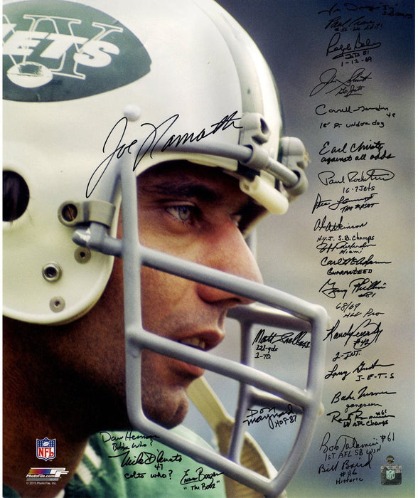 1969 New York Jets Team Signed Joe Namath Close Up Wearing Helmet 20x24 Metallic Photo (24 Signatures with Inscription By 23 Players)