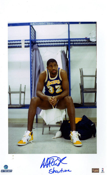 Magic Johnson Signed Sitting In Locker Room Vertical 10x20 Photo w/ "Show Time" Insc.