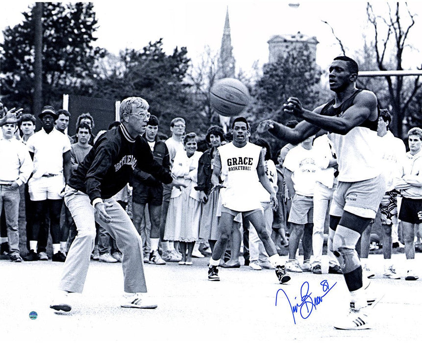 Tim Brown Single Signed Playing Basketball With Lou Holtz 16x20 photo