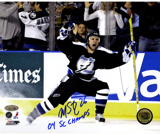 Martin St. Louis Celebrating Playoff GWG vs Islanders 8x10 Photo w/ "04 SC Champs" Insc.