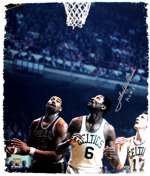 John Havlicek Signed Under Hoop With Russell and Chamberlain 20x24 Canvas w/ HOF insc