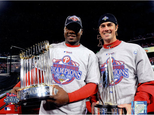 Ryan Howard and Cole Hamels w/ 2008 WS and MVP Trophies 8x10 Photo uns.