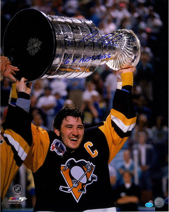 Mario Lemieux Signed 1991 Raising the Cup 16x20 Photo w/"6X Art Ross"Insc (ReichPM Auth)